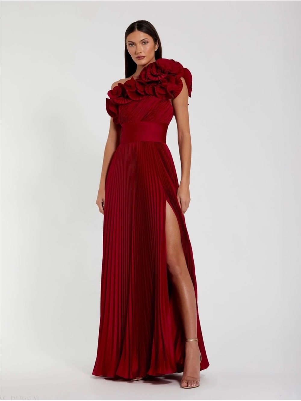 Mac Duggal 49902 Red Pleated Charmeuse One-Shoulder Evening Gown Ruffle Detail 8